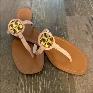 Tory Burch Light Pink and Tan Sandals with Gold Emblem